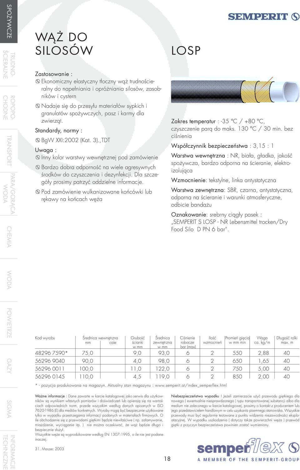 antystatyczna Warstwa : SBR, czarna, antystatyczna, odporna na ścieranie i warunki atmosferyczne, odbicie bandażu Oznakowanie: srebrny ciągły pasek : SEMPERIT S LOSP - NR Lebensmittel trocken/dry