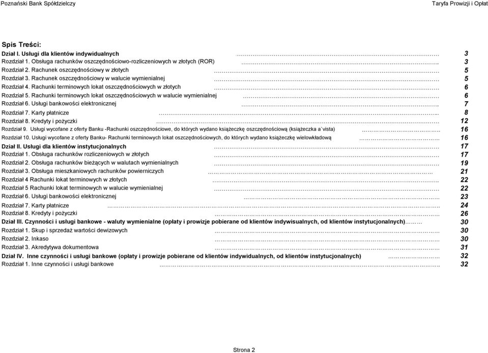 Rachunki terminowych lokat oszczędnościowych w walucie wymienialnej 6 Rozdział 6. Usługi bankowości elektronicznej. 7 Rozdział 7. Karty płatnicze.. 8 Rozdział 8. Kredyty i pożyczki 12 Rozdział 9.