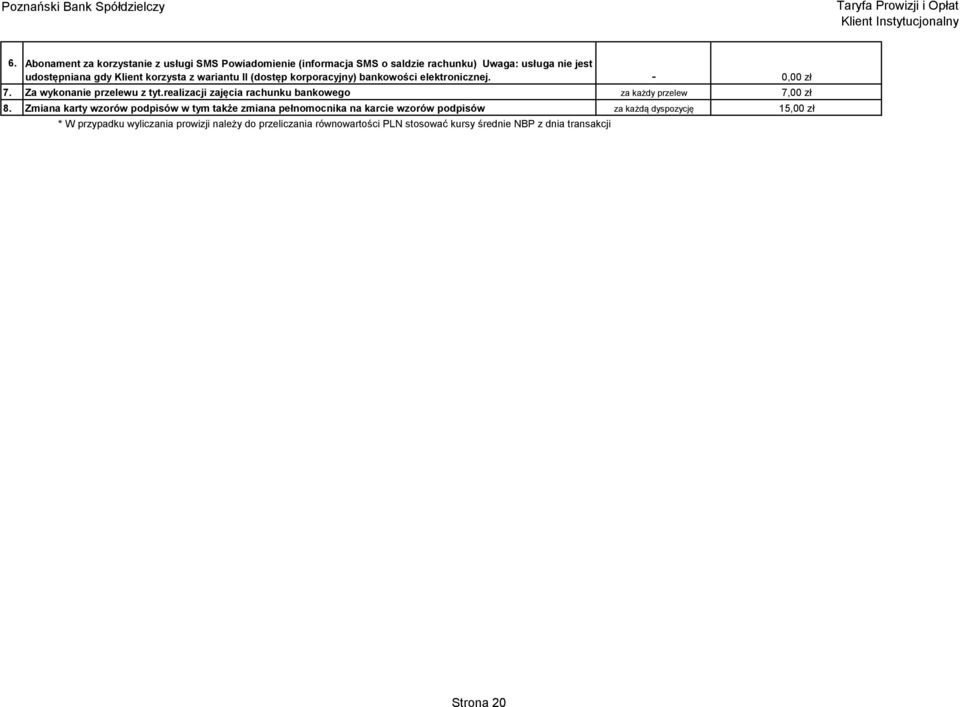 z wariantu II (dostęp korporacyjny) bankowości elektronicznej. 7. Za wykonanie przelewu z tyt.