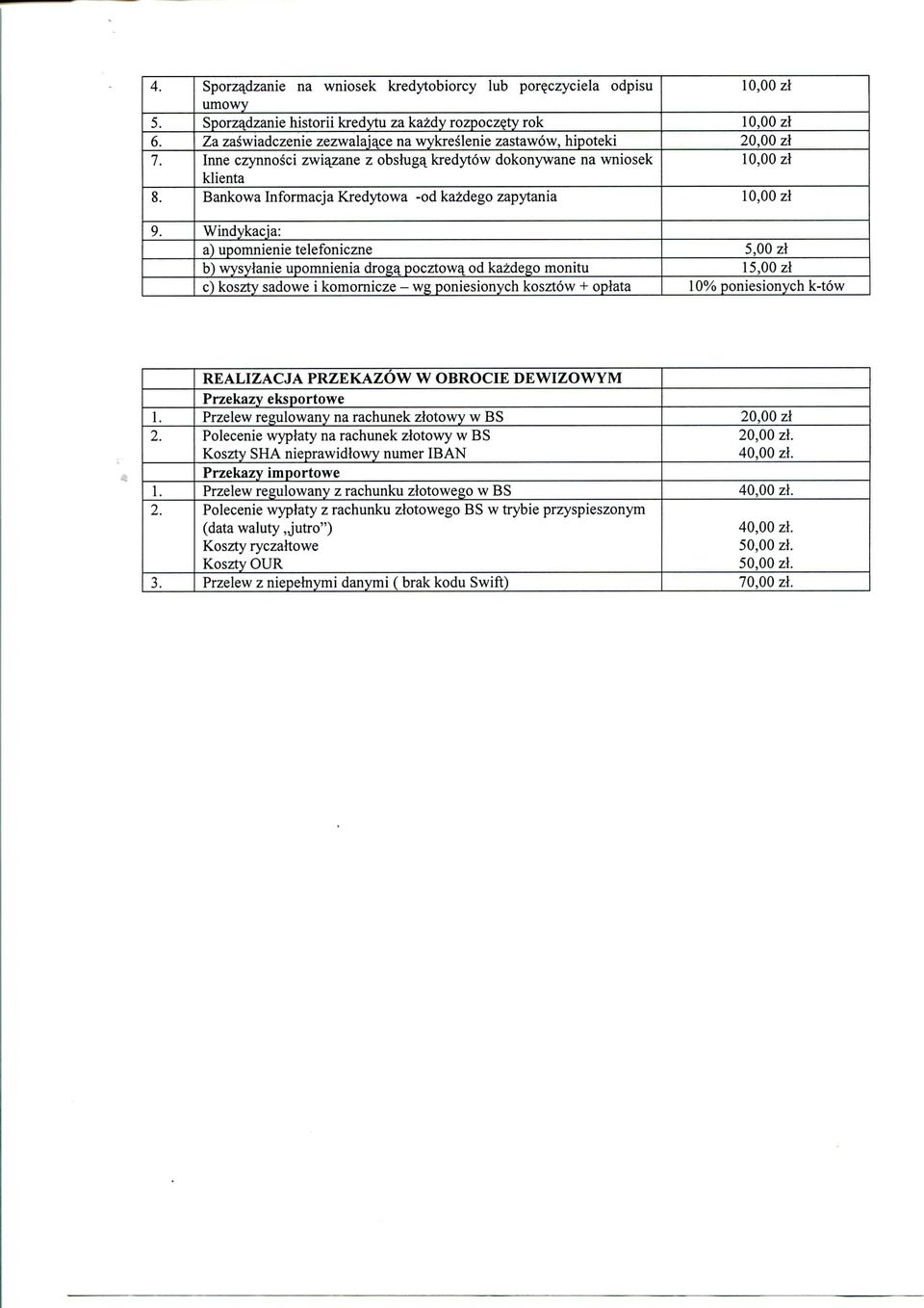 Windykacja: a) upomnienie telefoniczne b) wysylanie upomnienia droga^ pocztowa^ od kazdego monitu c) koszty sadowe i komornicze - wg poniesionych kosztow + optata 10,00 zi 10,00 rf 10% poniesionych