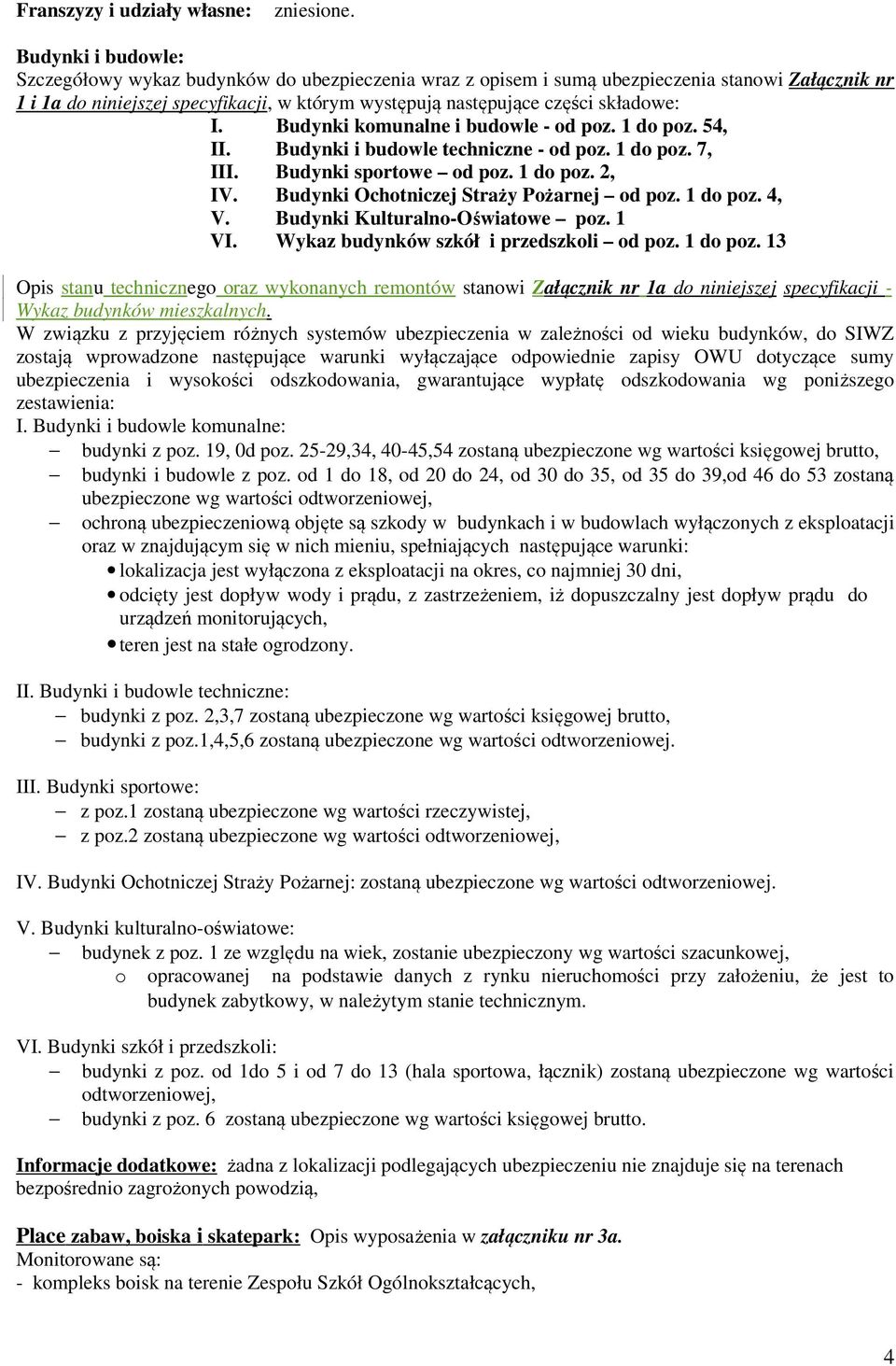 składowe: I. Budynki komunalne i budowle - od poz. 1 do poz. 54, II. Budynki i budowle techniczne - od poz. 1 do poz. 7, III. Budynki sportowe od poz. 1 do poz. 2, IV.