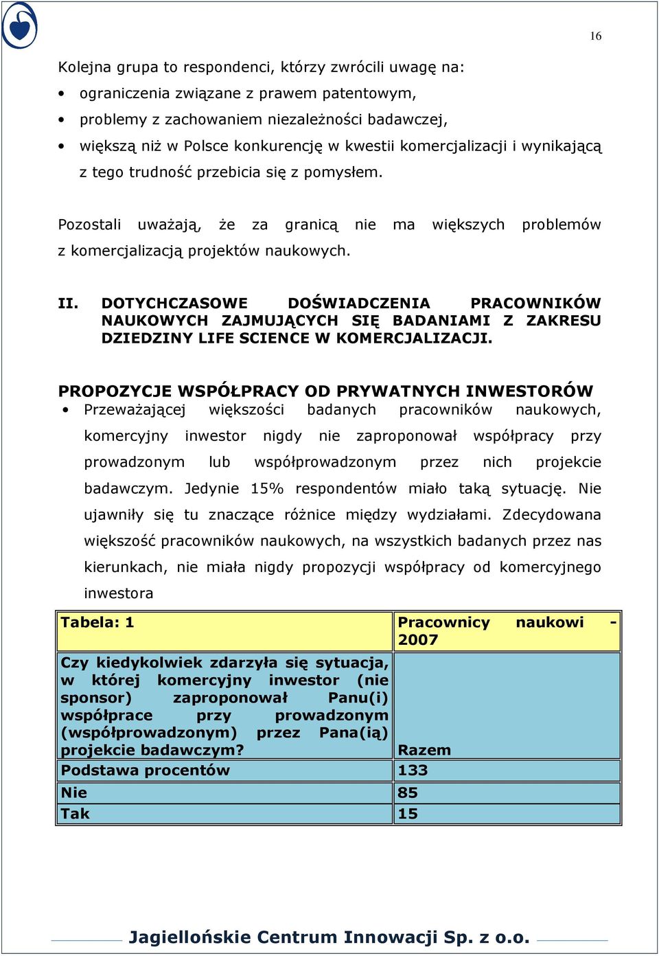 DOTYCHCZASOWE DOŚWIADCZENIA PRACOWNIKÓW NAUKOWYCH ZAJMUJĄCYCH SIĘ BADANIAMI Z ZAKRESU DZIEDZINY LIFE SCIENCE W KOMERCJALIZACJI.