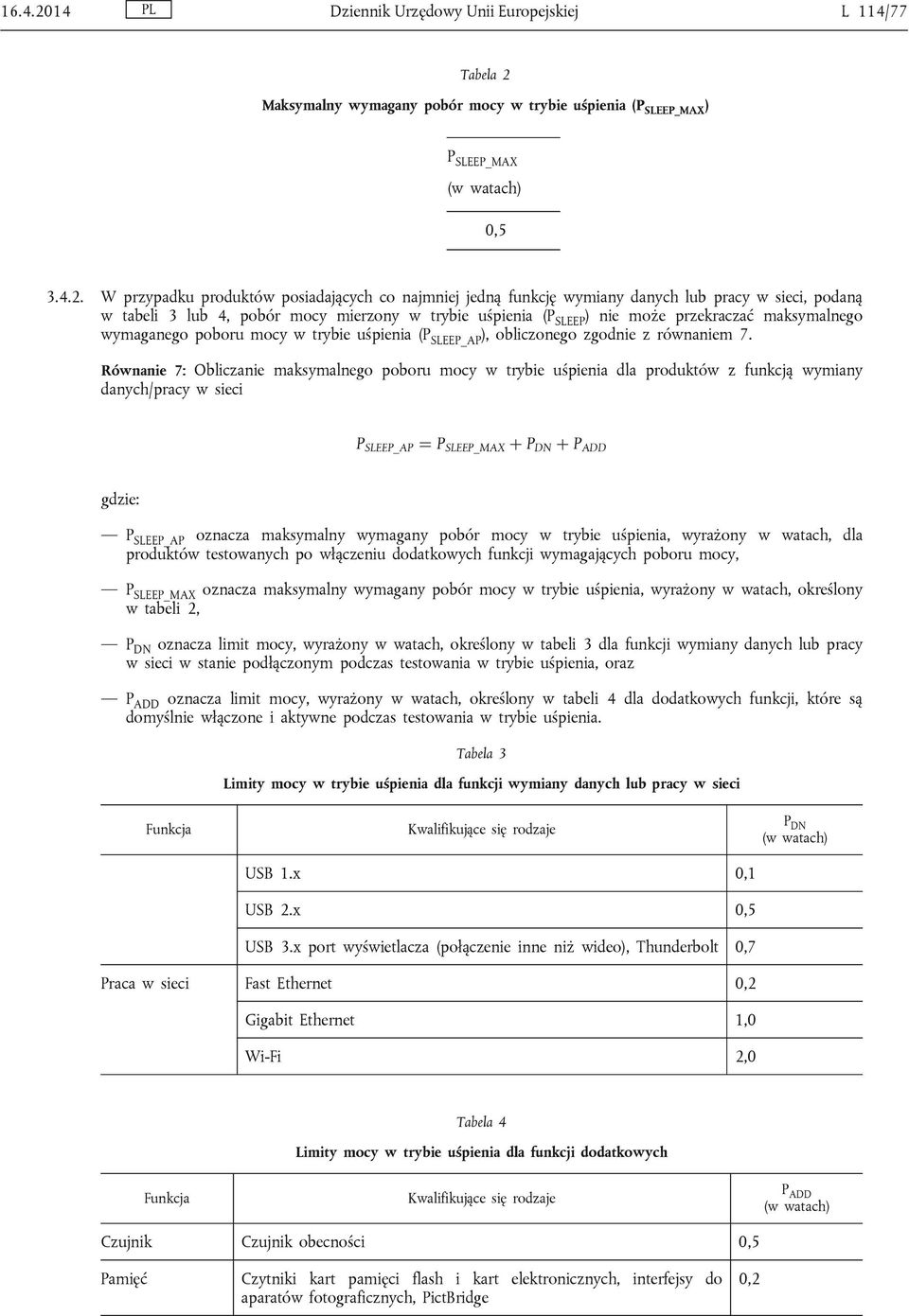 Maksymalny wymagany pobór mocy w trybie uśpienia (P SLEEP_MAX ) P SLEEP_MAX (w watach) 0,5 3.4.2.