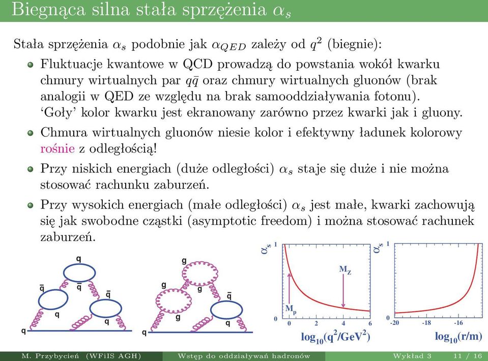 «Ë «Ë Chmura wirtualnych luonów niesie kolor i efektywny ładunek kolorowy rośnie z odlełością! Przy niskich eneriach (duże odlełości) α s staje się duże i nie można stosować rachunku zaburzeń.