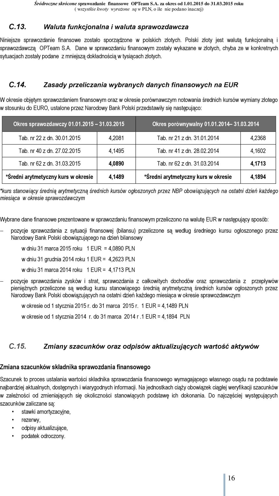 Zasady przeliczania wybranych danych finansowych na EUR W okresie objętym sprawozdaniem finansowym oraz w okresie porównawczym notowania średnich kursów wymiany złotego w stosunku do EURO, ustalone