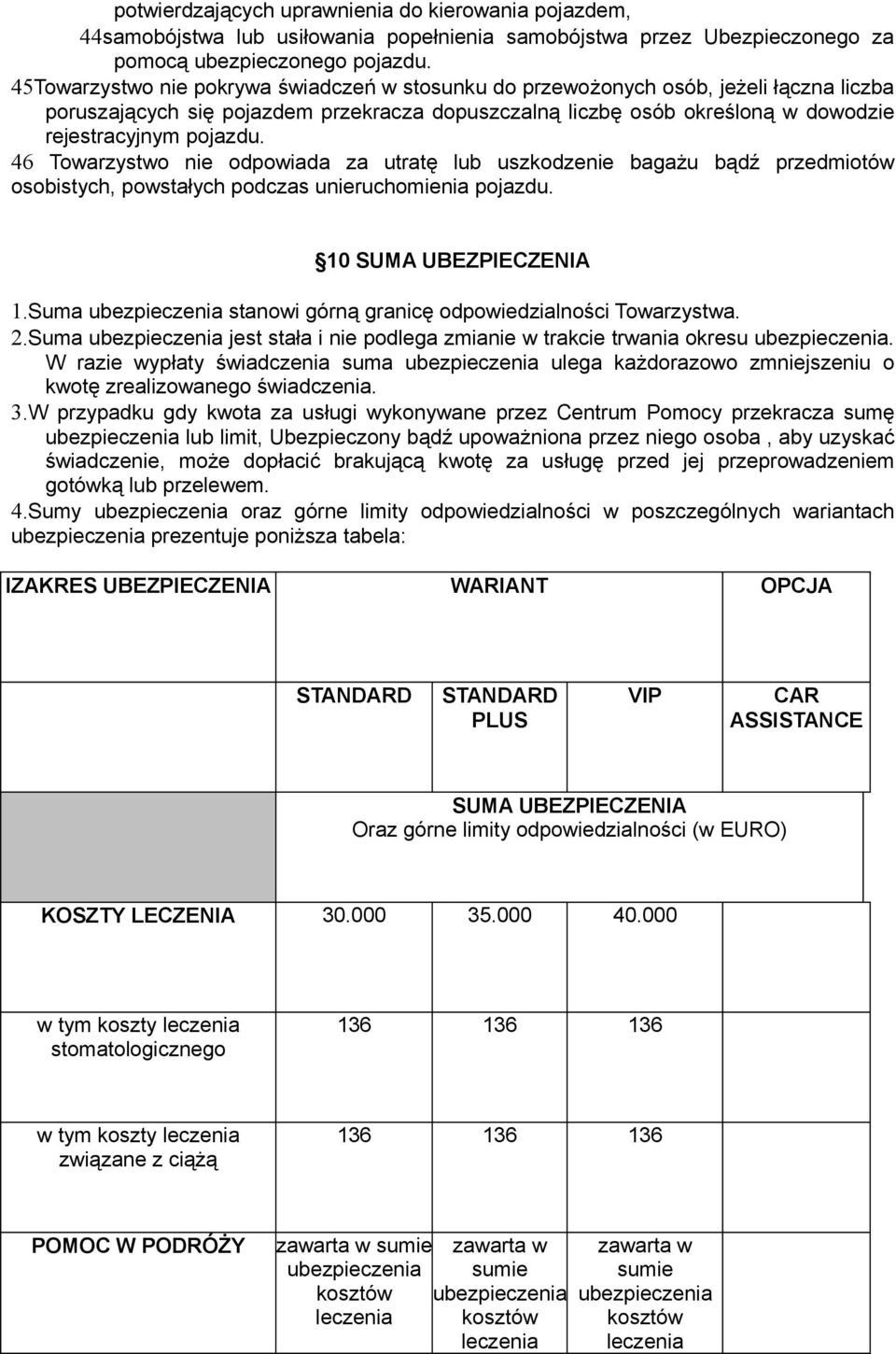 46 Towarzystwo nie odpowiada za utratę lub uszkodzenie bagażu bądź przedmiotów osobistych, powstałych podczas unieruchomienia pojazdu. 10 SUMA UBEZPIECZENIA 1.