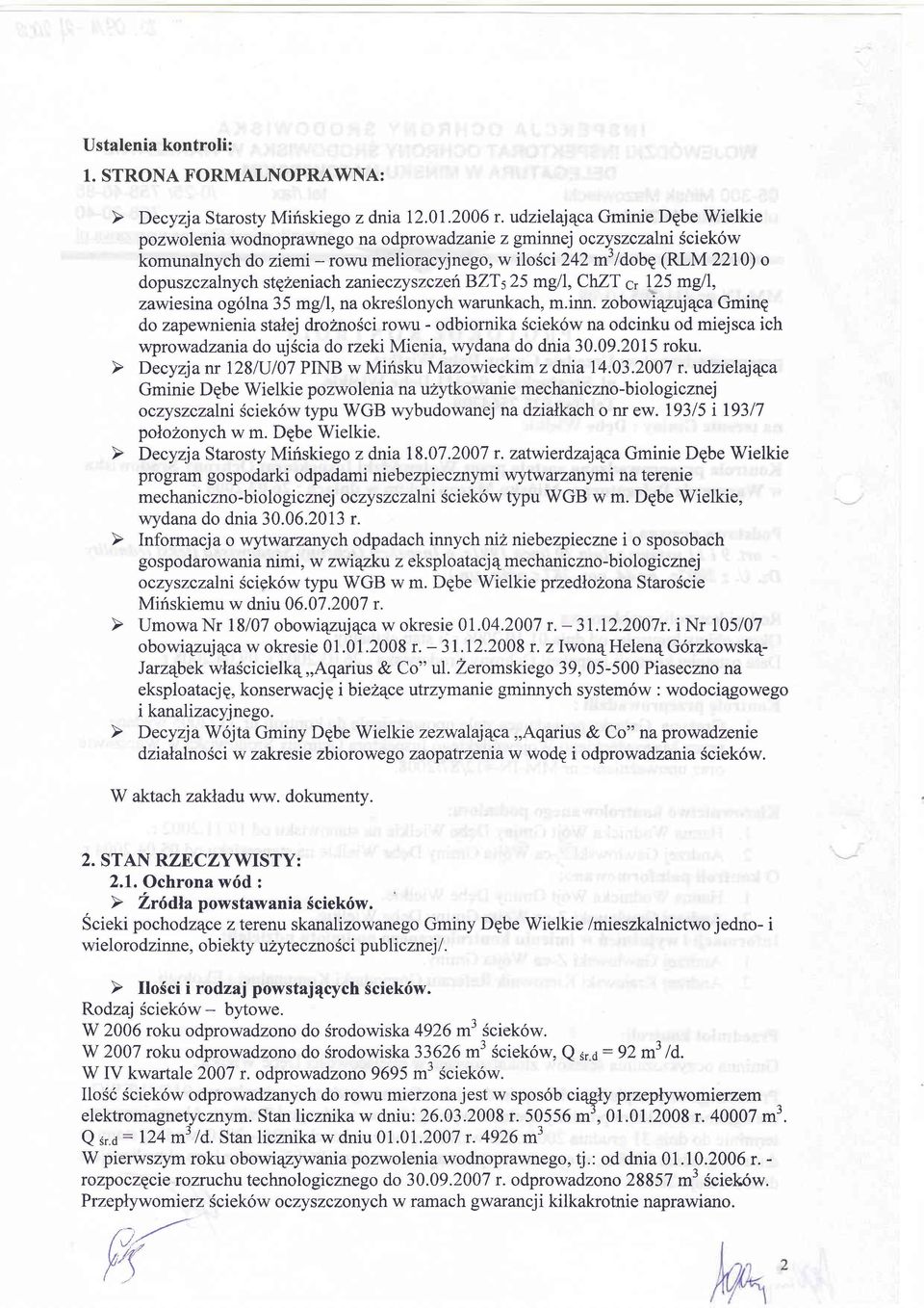 zarieczy szczeh BZT s 25 mgl l, CLZT g' 125 mgl l, zawiesina og6lna 35 mg[, na okreslonych warunkach, m.inn.