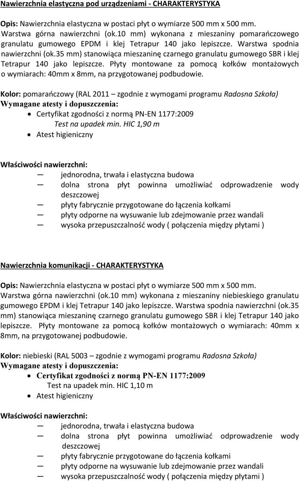 35 mm) stanowiąca mieszaninę czarnego granulatu gumowego SBR i klej Tetrapur 140 jako lepiszcze. Płyty montowane za pomocą kołków montażowych o wymiarach: 40mm x 8mm, na przygotowanej podbudowie.