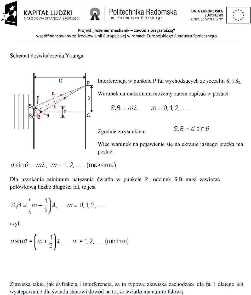 postać: Dla uzyskaia miimum atężeia światła w pukcie P, odciek S B musi zawierać połówkową liczbę długości fal, to jest czyli