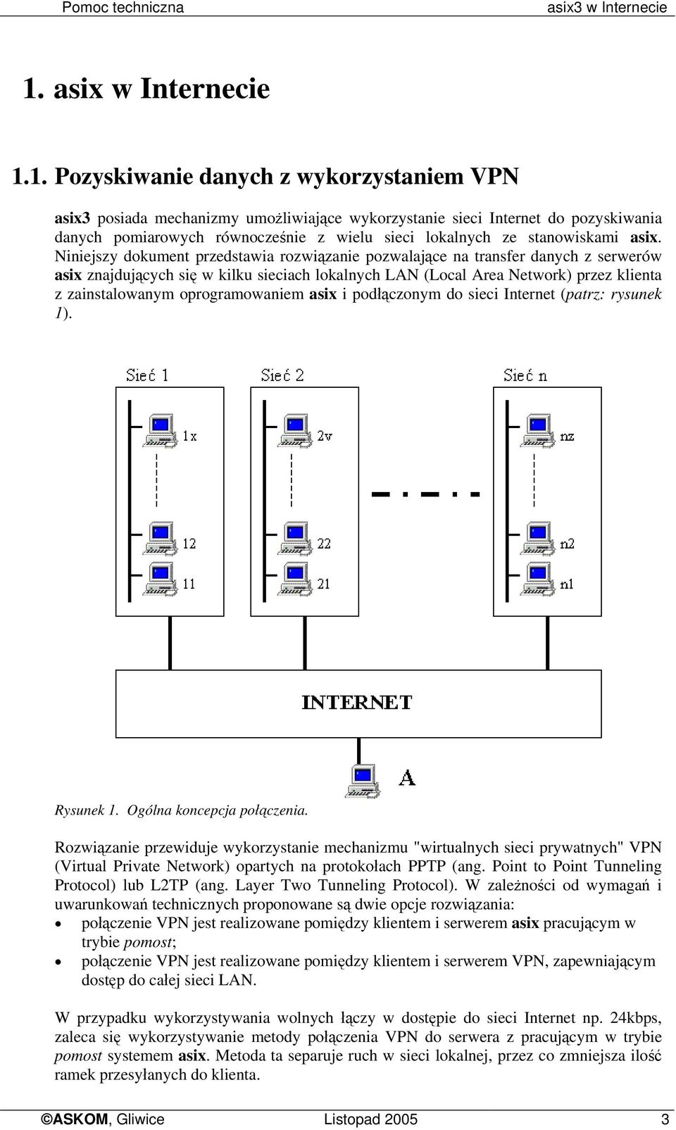 1. Pozyskiwanie danych z wykorzystaniem VPN asix3 posiada mechanizmy umożliwiające wykorzystanie sieci Internet do pozyskiwania danych pomiarowych równocześnie z wielu sieci lokalnych ze stanowiskami