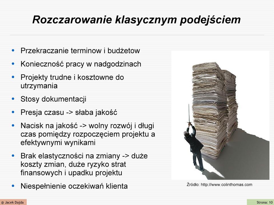 długi czas pomiędzy rozpoczęciem projektu a efektywnymi wynikami Brak elastyczności na zmiany -> duże koszty zmian,