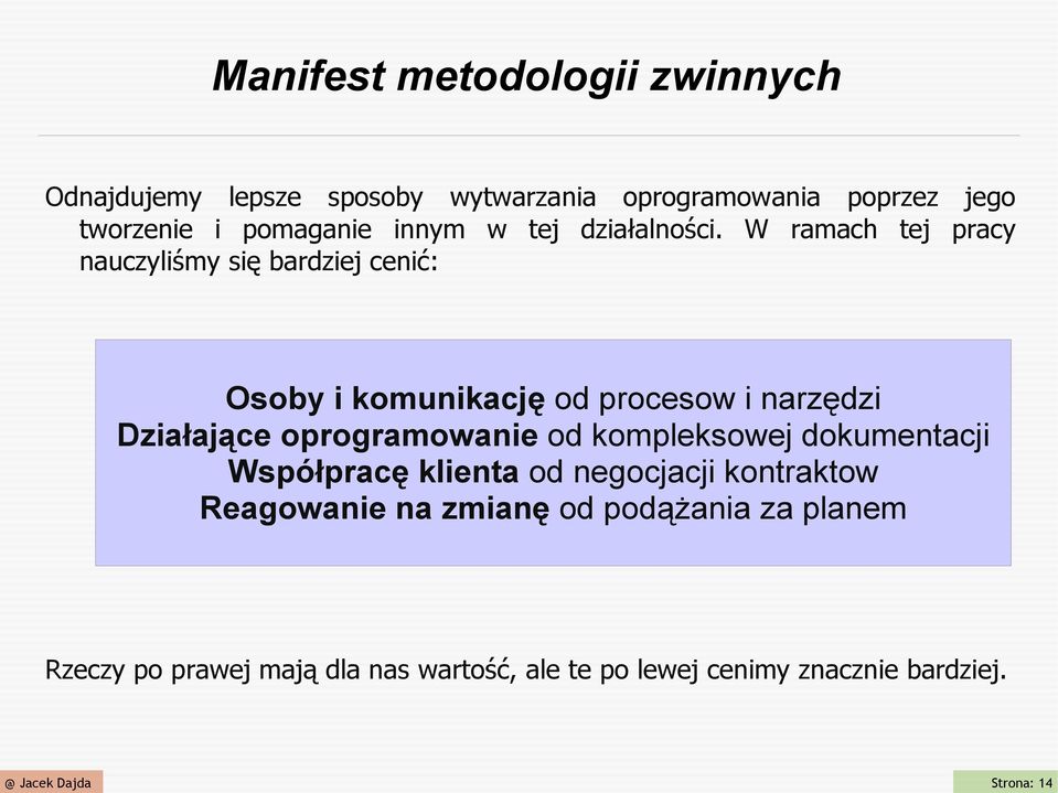 W ramach tej pracy nauczyliśmy się bardziej cenić: Osoby i komunikację od procesow i narzędzi Działające