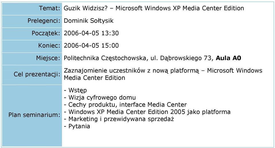 Koniec: 2006-04-05 15:00 Zaznajomienie uczestników z nową platformą Microsoft Windows Media