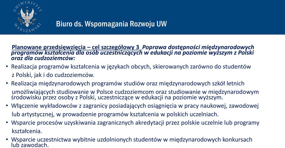 Realizacja międzynarodowych programów studiów oraz międzynarodowych szkół letnich umożliwiających studiowanie w Polsce cudzoziemcom oraz studiowanie w międzynarodowym środowisku przez osoby z Polski,