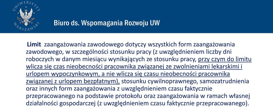 nie wlicza się czasu nieobecności pracownika związanej z urlopem bezpłatnym), stosunku cywilnoprawnego, samozatrudnienia oraz innych form zaangażowania z