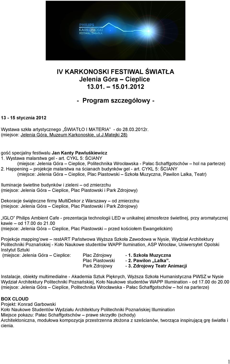 CYKL 5: ŚCIANY (miejsce: Jelenia Góra Cieplice, Politechnika Wrocławska - Pałac Schaffgotschów hol na parterze) 2. Happening projekcje malarstwa na ścianach budynków gel - art.