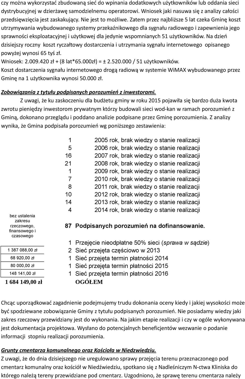 Zatem przez najbliższe 5 lat czeka Gminę koszt utrzymywania wybudowanego systemy przekaźnikowego dla sygnału radiowego i zapewnienia jego sprawności eksploatacyjnej i użytkowej dla jedynie