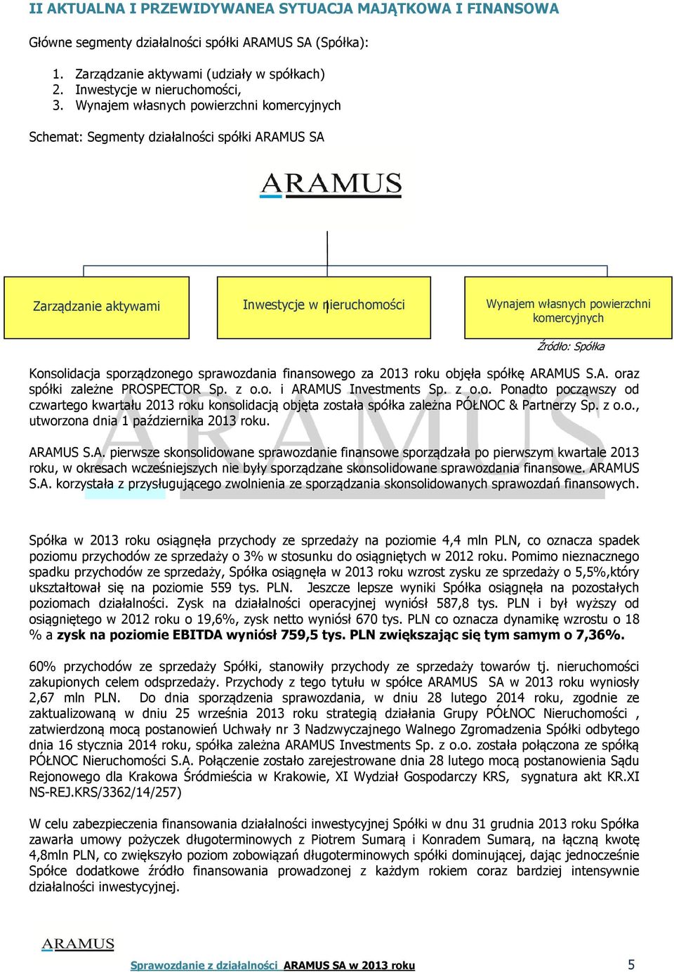 sporządzonego sprawozdania finansowego za 2013 roku objęła spółkę ARAMUS S.A. oraz spółki zależne PROSPECTOR Sp. z o.o. i ARAMUS Investments Sp. z o.o. Ponadto począwszy od czwartego kwartału 2013 roku konsolidacją objęta została spółka zależna PÓŁNOC & Partnerzy Sp.
