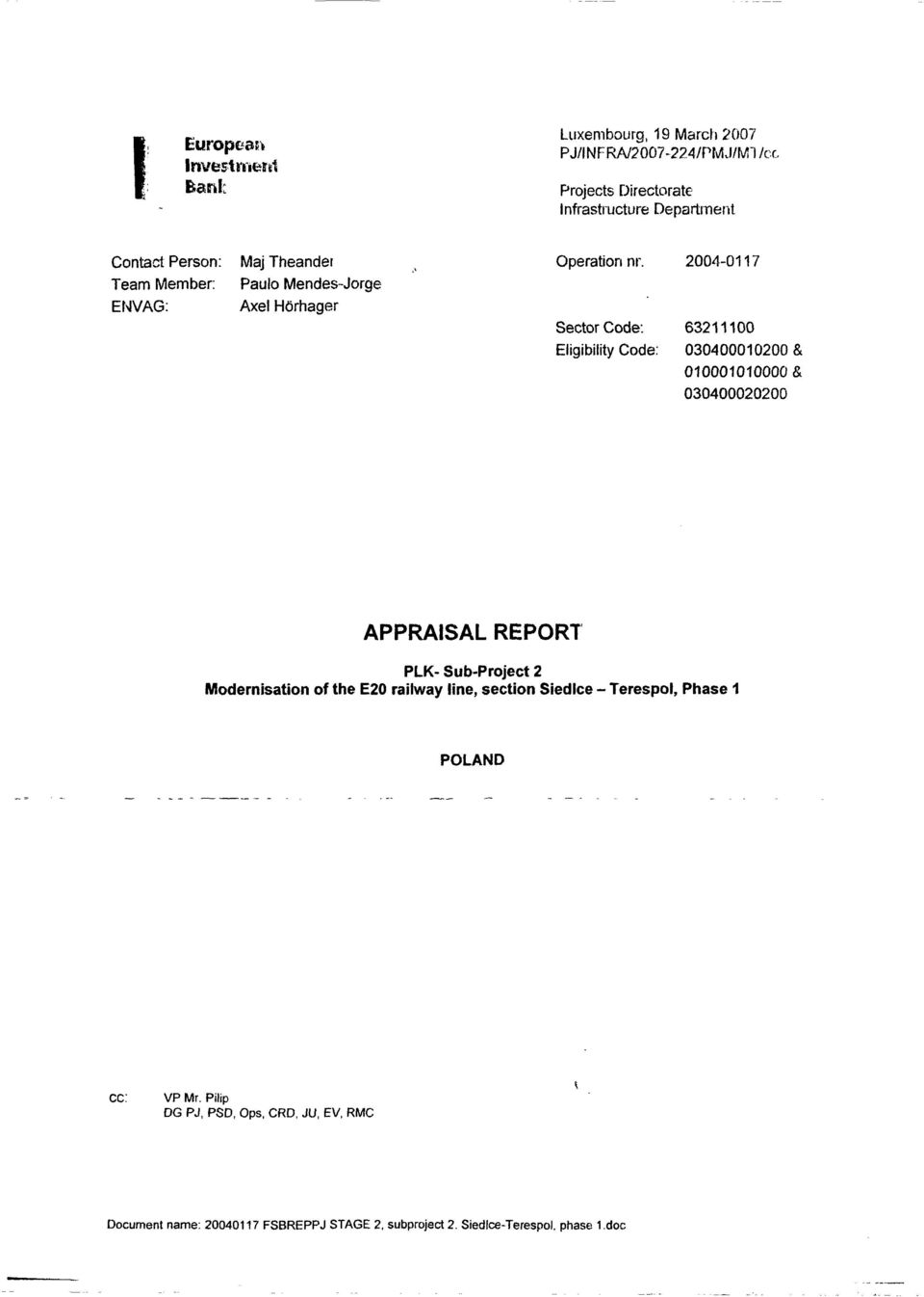 2004-0117 Sector Code: Eligibility Code: 63211100 030400010200 & 010001010000 & 030400020200 APPRAISAL REPORT PLK- Sub-Project 2 Modernisation