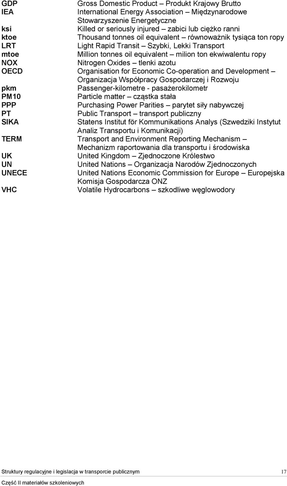 Organisation for Economic Co-operation and Development Organizacja Współpracy Gospodarczej i Rozwoju pkm Passenger-kilometre - pasażerokilometr PM10 Particle matter cząstka stała PPP Purchasing Power