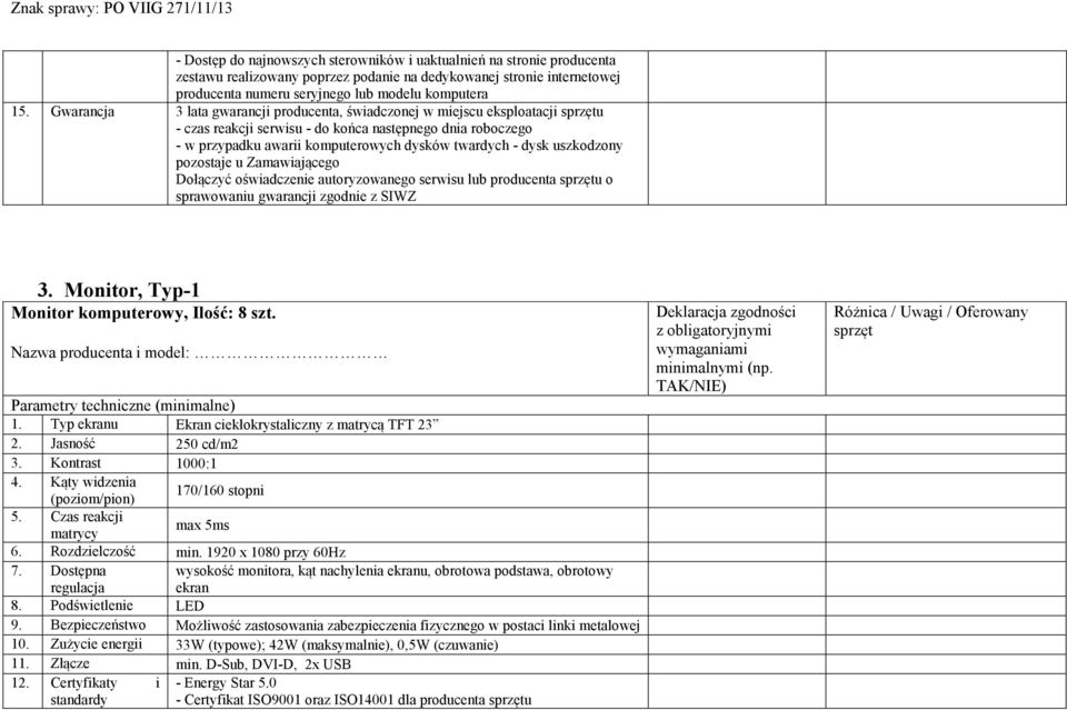 uszkodzony pozostaje u Zamawiającego Dołączyć oświadczenie autoryzowanego serwisu lub producenta sprzętu o sprawowaniu gwarancji zgodnie z SIWZ 3. Monitor, Typ-1 Monitor komputerowy, Ilość: 8 szt.