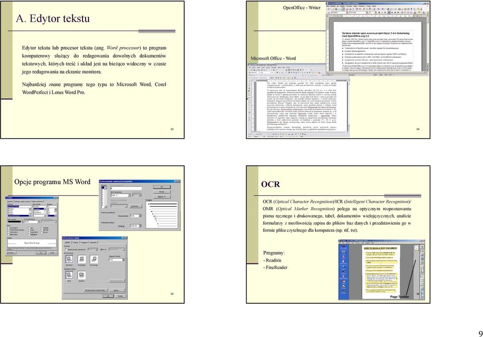 Microsoft Office - Word Najbardziej znane programy tego typu to Microsoft Word, Corel WordPerfect i Lotus Word Pro.