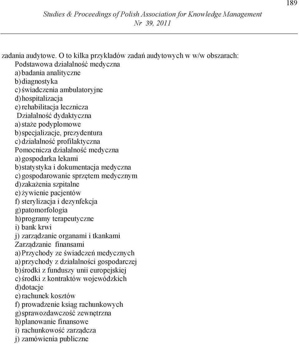 Działalno dydaktyczna a) sta e podyplomowe b)specjalizacje, prezydentura c) działalno profilaktyczna Pomocnicza działalno medyczna a) gospodarka lekami b)statystyka i dokumentacja medyczna c)