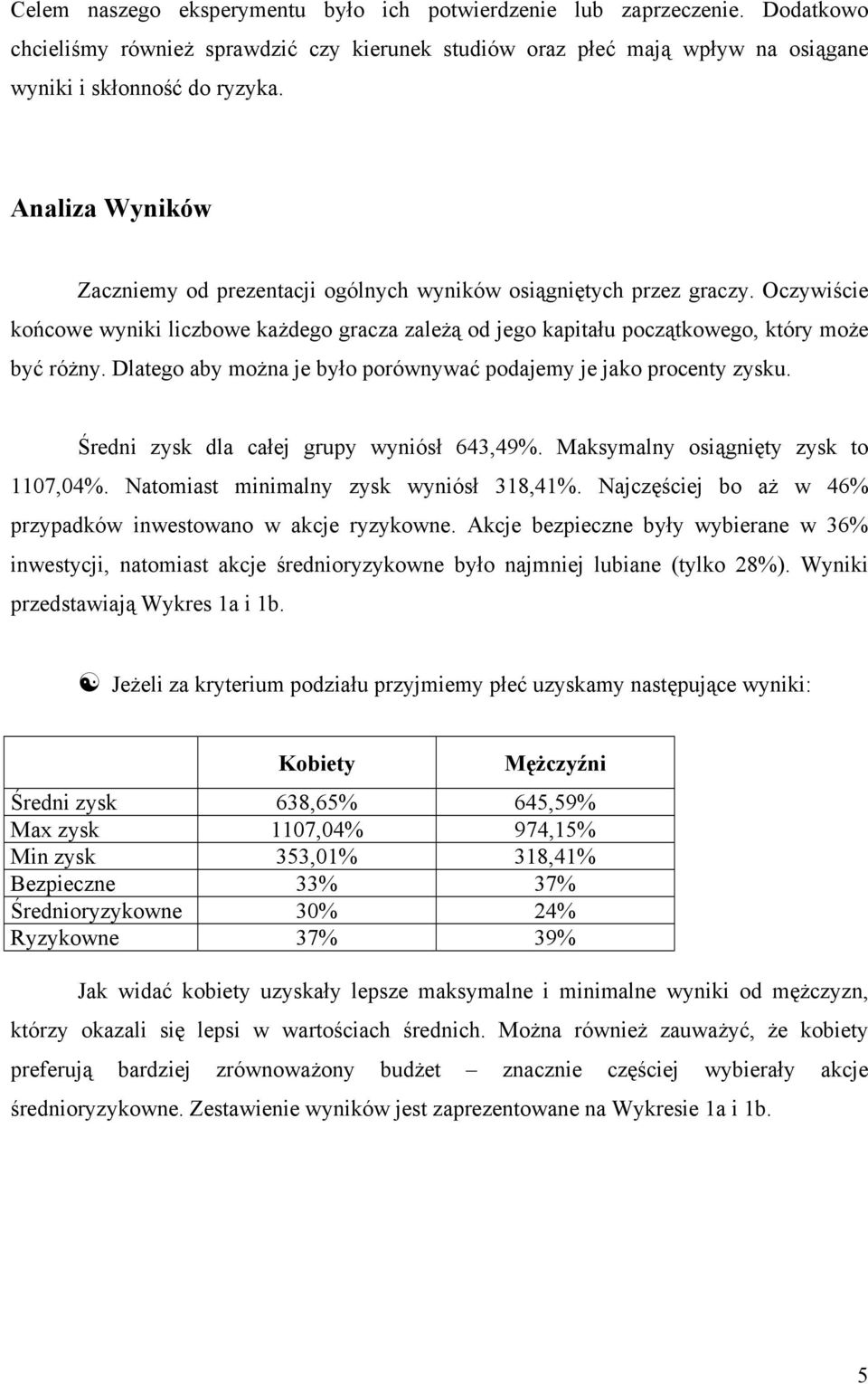 Dlatego aby można je było porównywać podajemy je jako procenty zysku. Średni zysk dla całej grupy wyniósł 643,49%. Maksymalny osiągnięty zysk to 1107,04%. Natomiast minimalny zysk wyniósł 318,41%.