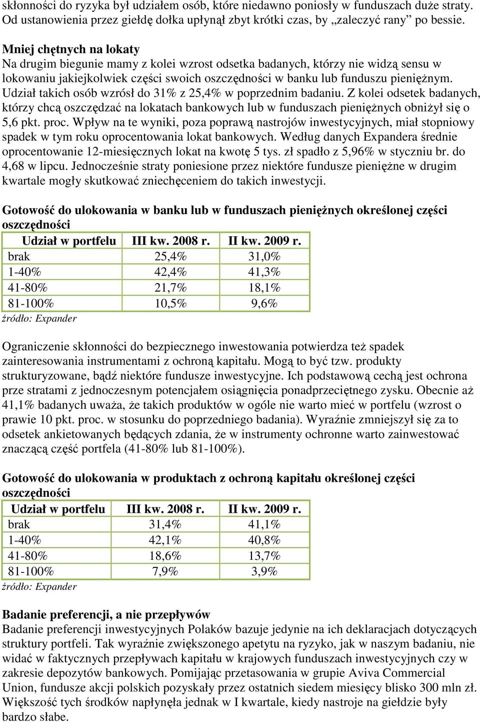 Udział takich osób wzrósł do 31% z 25,4% w poprzednim badaniu. Z kolei odsetek badanych, którzy chcą oszczędzać na lokatach bankowych lub w funduszach pienięŝnych obniŝył się o 5,6 pkt. proc.