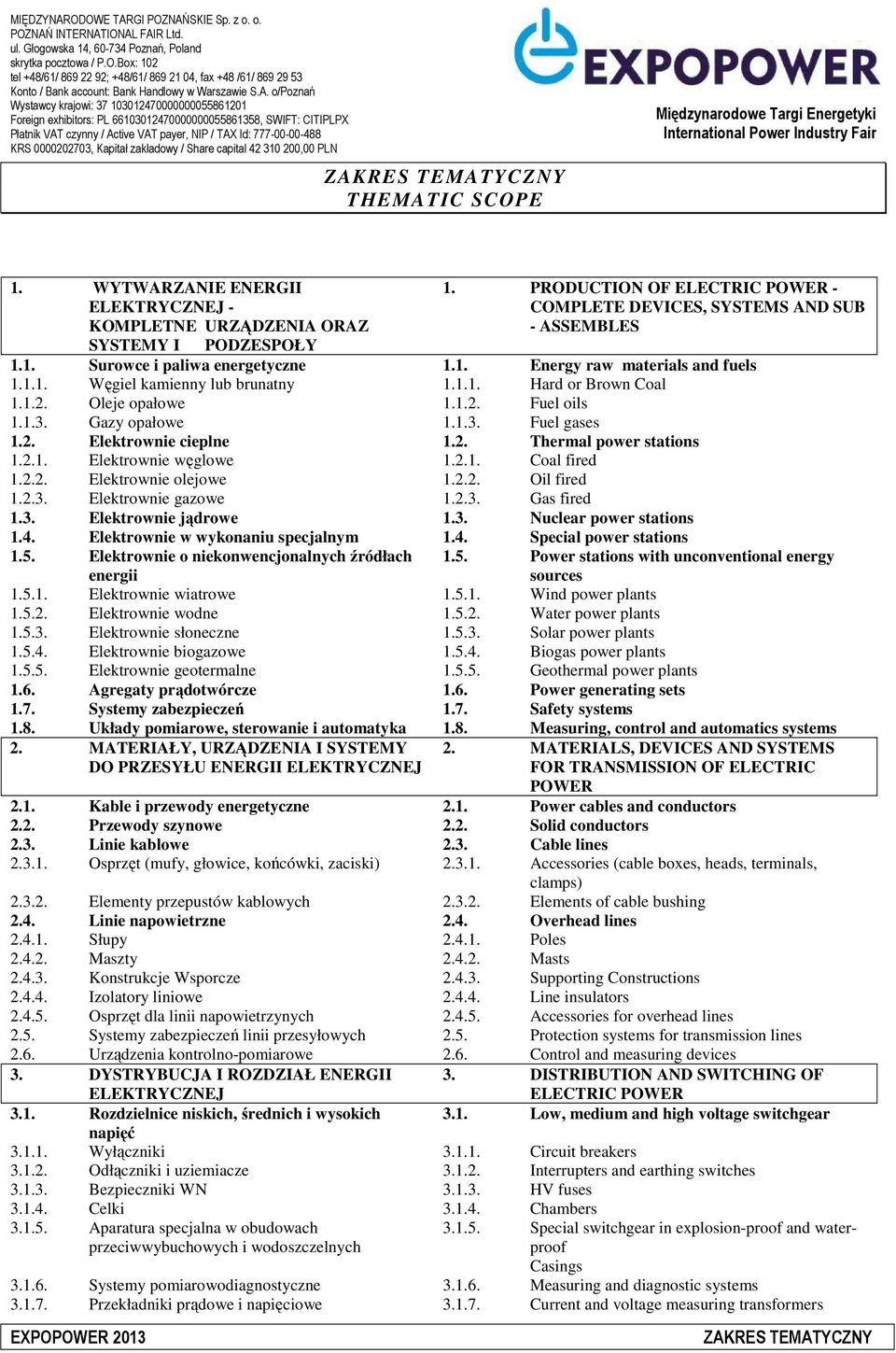 0000202703, Kapitał zakładowy / Share capital 42 310 200,00 PLN THEMATIC SCOPE Międzynarodowe Targi Energetyki International Power Industry Fair 1.