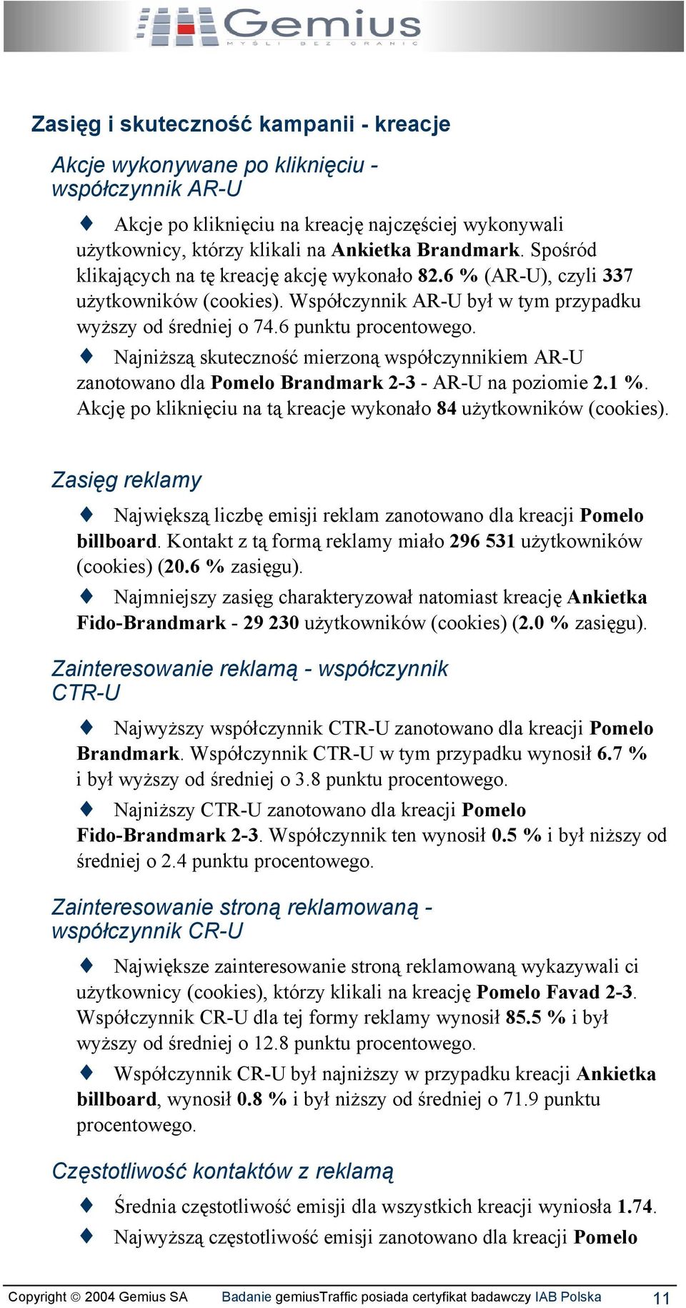 Najniższą skuteczność mierzoną współczynnikiem AR-U zanotowano dla Pomelo Brandmark 2-3 - AR-U na poziomie 2.1 %. Akcję po kliknięciu na tą kreacje wykonało 84 użytkowników (cookies).