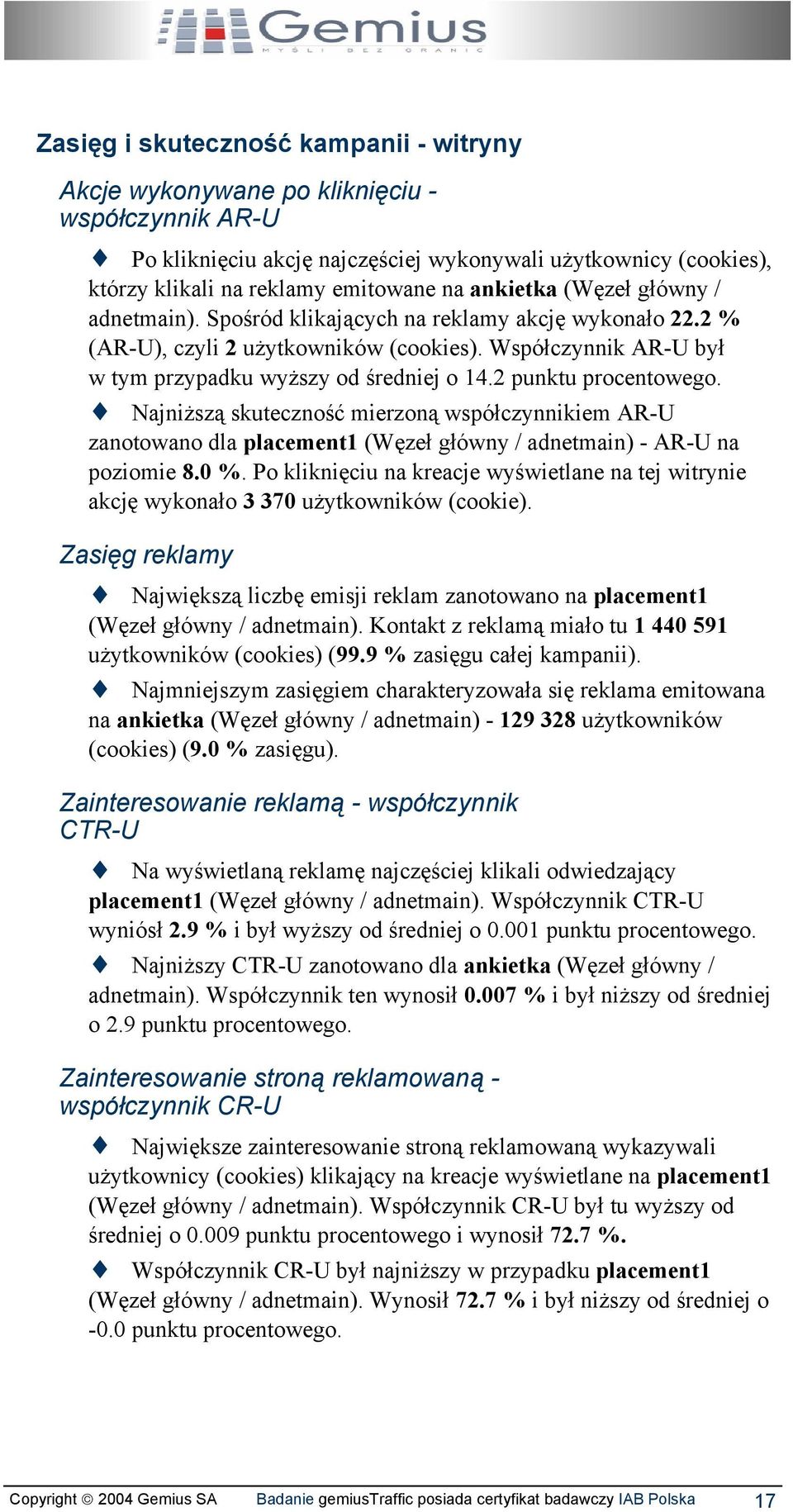 2 punktu procentowego. Najniższą skuteczność mierzoną współczynnikiem AR-U zanotowano dla placement1 (Węzeł główny / adnetmain) - AR-U na poziomie 8.0 %.