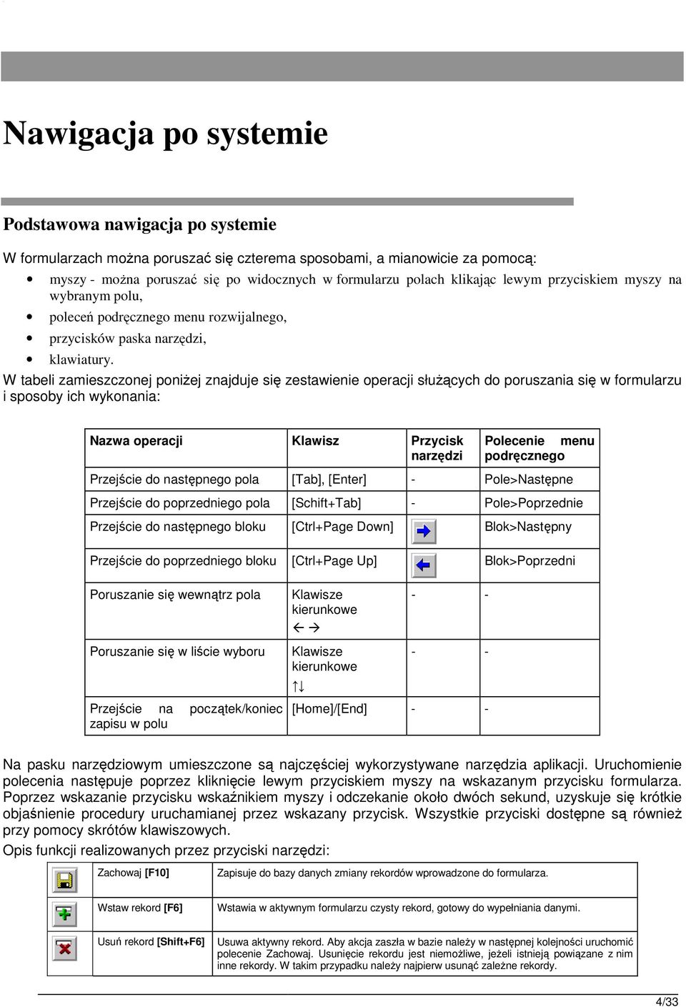 W tabeli zamieszczonej poniŝej znajduje się zestawienie operacji słuŝących do poruszania się w formularzu i sposoby ich wykonania: Nazwa operacji Klawisz Przycisk narzędzi Polecenie menu podręcznego