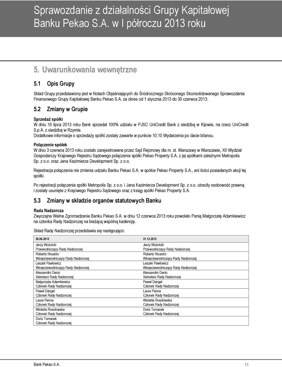 2 Zmiany w Grupie Sprzedaż spółki W dniu 16 lipca 2013 roku Bank sprzedał 100% udziału w PJSC UniCredit Bank z siedzibą w Kijowie, na rzecz UniCredit S.p.A. z siedzibą w Rzymie.