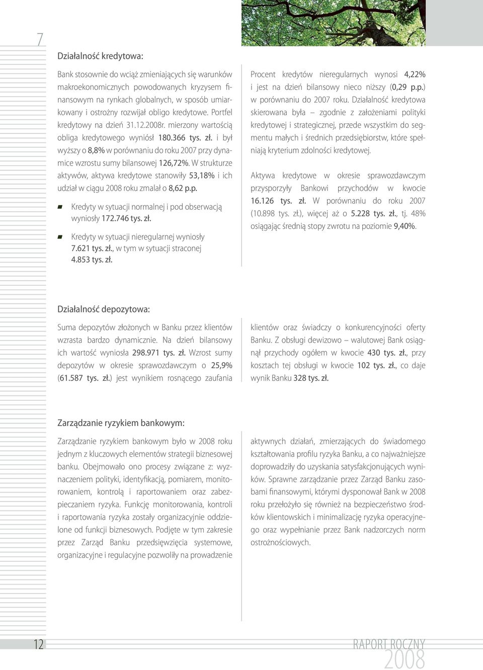 i był wyższy o 8,8% w porównaniu do roku 2007 przy dynamice wzrostu sumy bilansowej 126,72%. W strukturze aktywów, aktywa kredytowe stanowiły 53,18% i ich udział w ciągu roku zmalał o 8,62 p.p. Kredyty w sytuacji normalnej i pod obserwacją wyniosły 172.