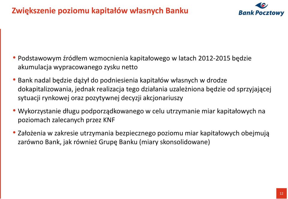 sprzyjającej sytuacji rynkowej oraz pozytywnej decyzji akcjonariuszy Wykorzystanie długu podporządkowanego w celu utrzymanie miar kapitałowych na