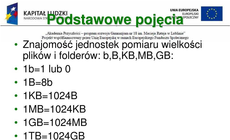 folderów: b,b,kb,mb,gb: 1b=1 lub 0