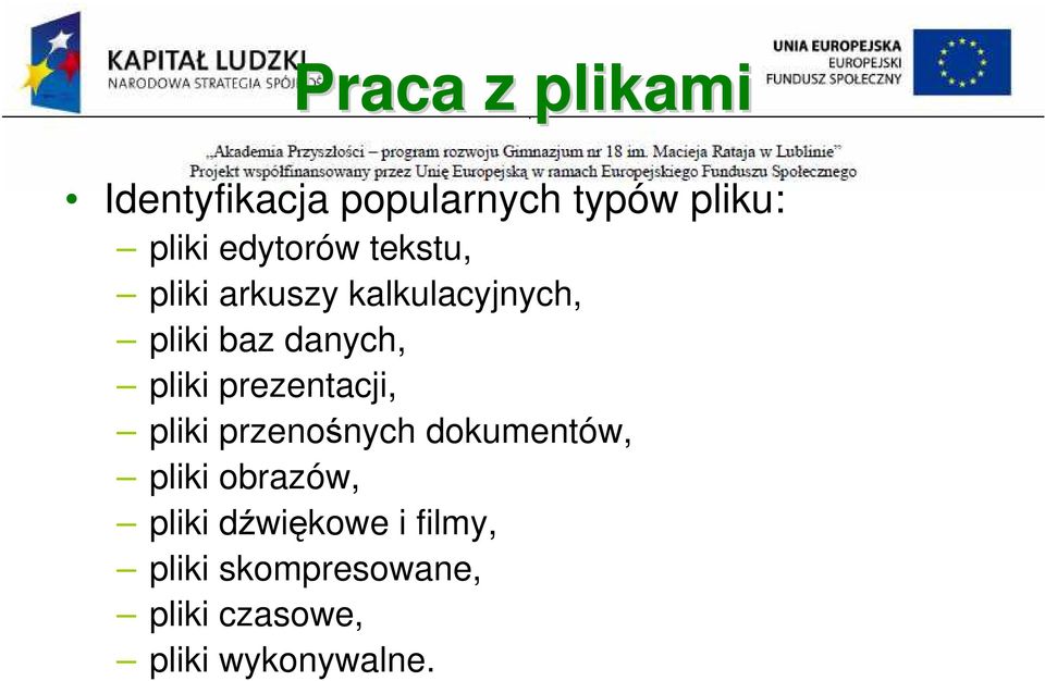 pliki prezentacji, pliki przenośnych dokumentów, pliki obrazów,