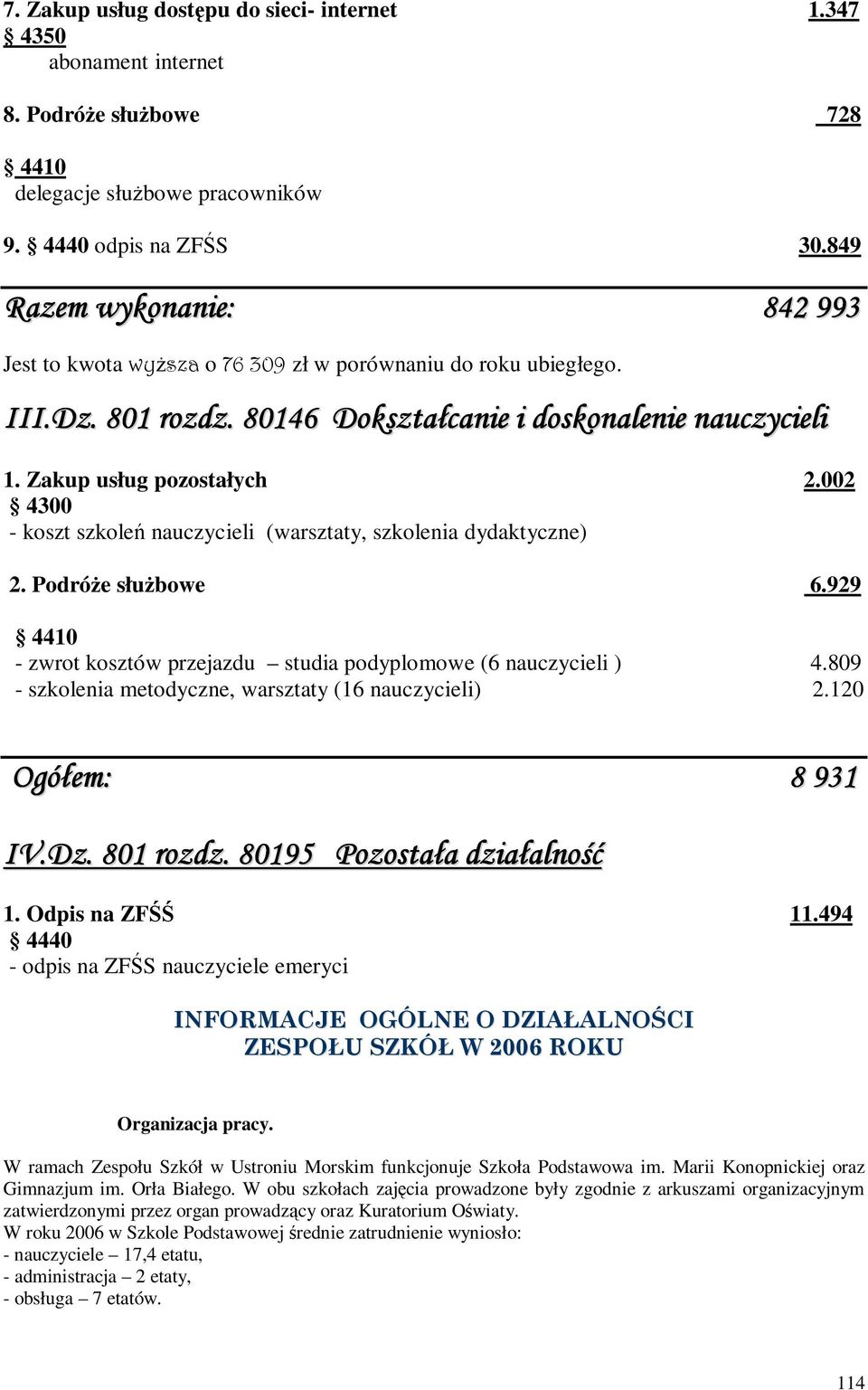 002 4300 - koszt szkoleń nauczycieli (warsztaty, szkolenia dydaktyczne) 2. PodróŜe słuŝbowe 6.929 4410 - zwrot kosztów przejazdu studia podyplomowe (6 nauczycieli ) 4.