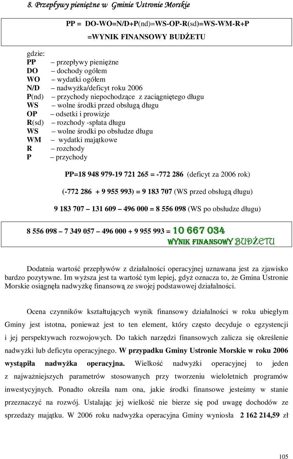 WM wydatki majątkowe R rozchody P przychody PP=18 948 979-19 721 265 = -772 286 (deficyt za 2006 rok) (-772 286 + 9 955 993) = 9 183 707 (WS przed obsługą długu) 9 183 707 131 609 496 000 = 8 556 098