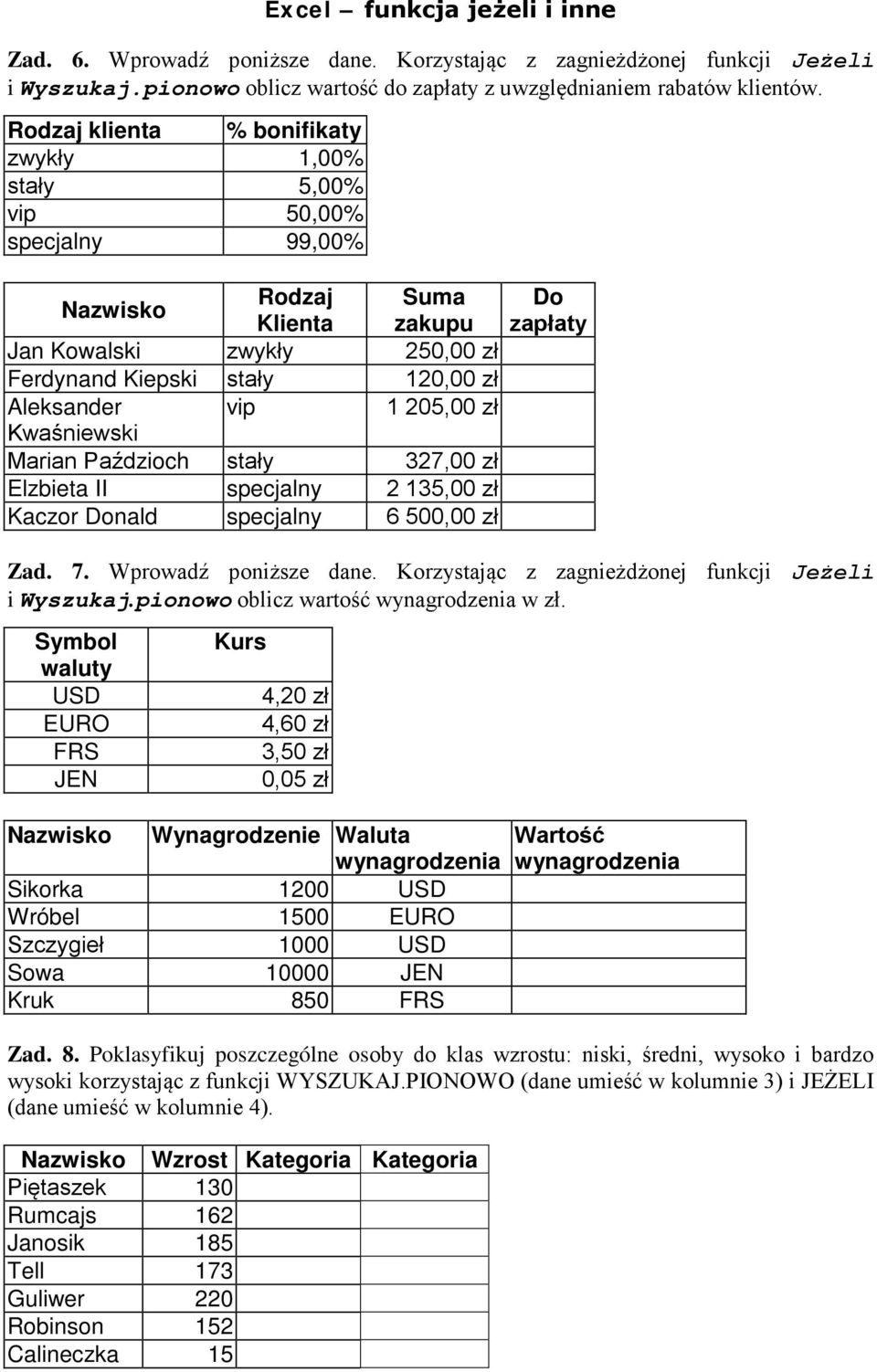 205,00 zł Kwaśniewski Marian Paździoch stały 327,00 zł Elzbieta II specjalny 2 135,00 zł Kaczor Donald specjalny 6 500,00 zł Do zapłaty Zad. 7. Wprowadź poniższe dane.