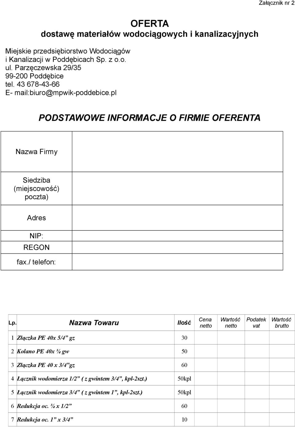 pl PODSTAWOWE INFORMACJE O FIRMIE OFERENTA Nazwa Firmy Siedziba (miejscowość) poczta) Adres NIP: REGON fax./ telefon: Lp.