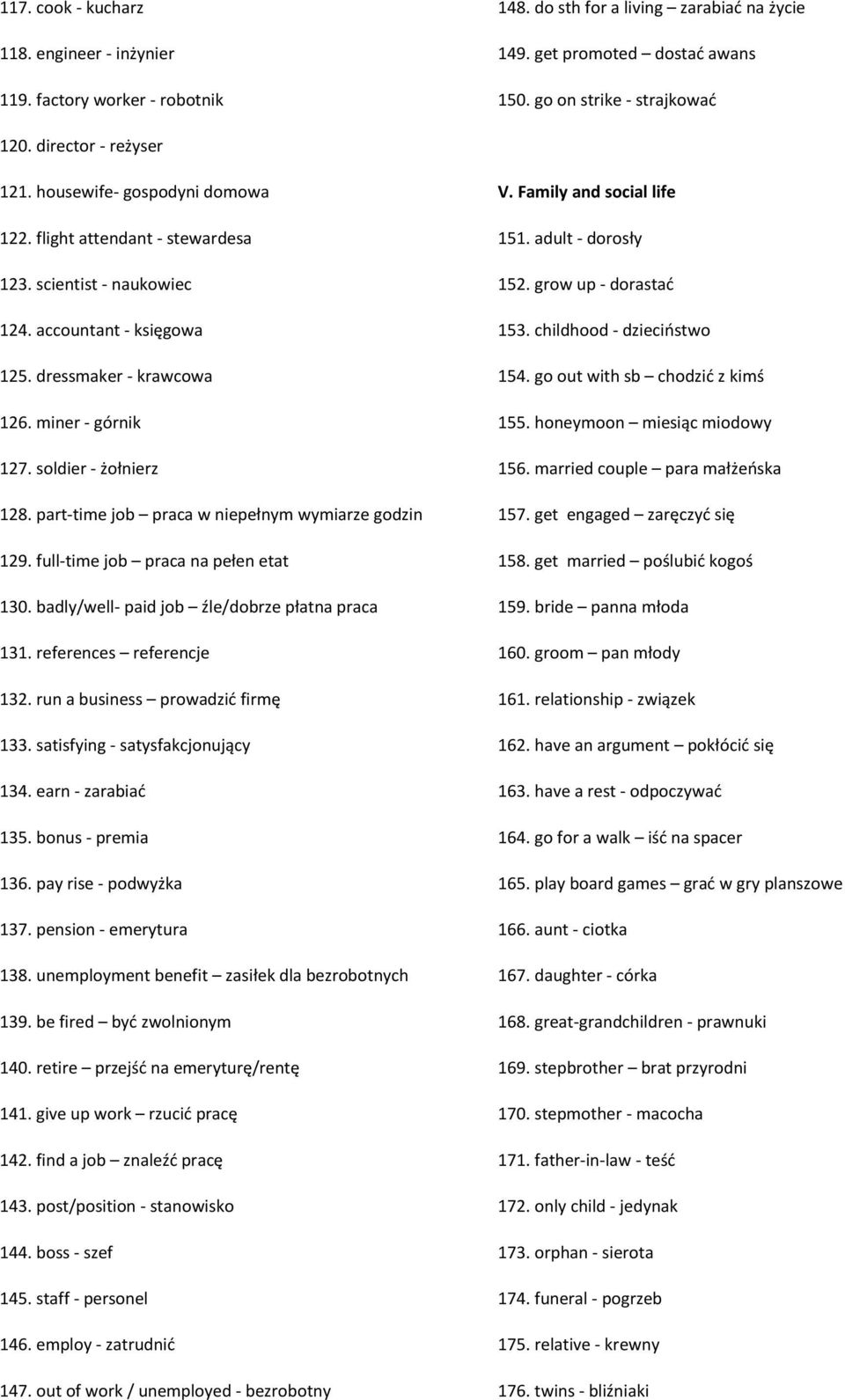 soldier - żołnierz 128. part-time job praca w niepełnym wymiarze godzin 129. full-time job praca na pełen etat 130. badly/well- paid job źle/dobrze płatna praca 131. references referencje 132.
