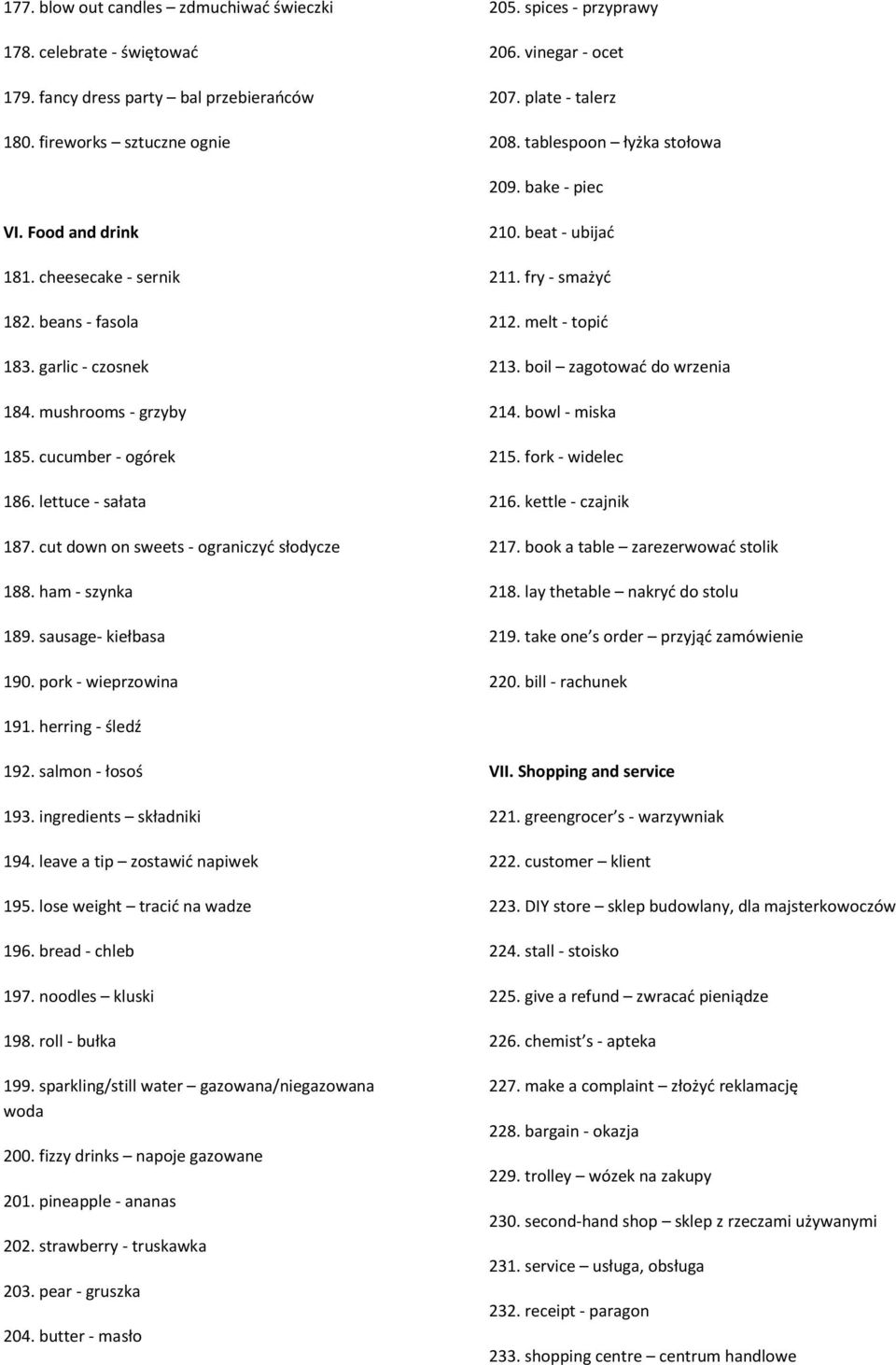 lettuce - sałata 187. cut down on sweets - ograniczyć słodycze 188. ham - szynka 189. sausage- kiełbasa 190. pork - wieprzowina 210. beat - ubijać 211. fry - smażyć 212. melt - topić 213.