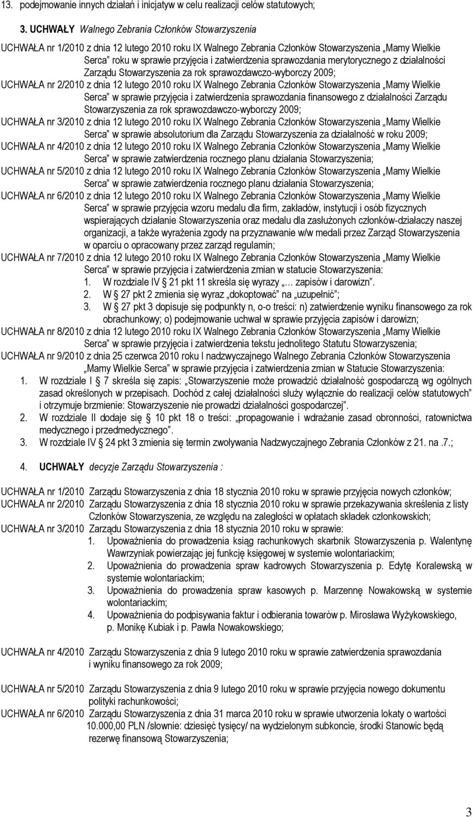 sprawozdania merytorycznego z działalności Zarządu Stowarzyszenia za rok sprawozdawczo-wyborczy 2009; UCHWAŁA nr 2/2010 z dnia 12 lutego 2010 roku IX Walnego Zebrania Członków Stowarzyszenia Mamy