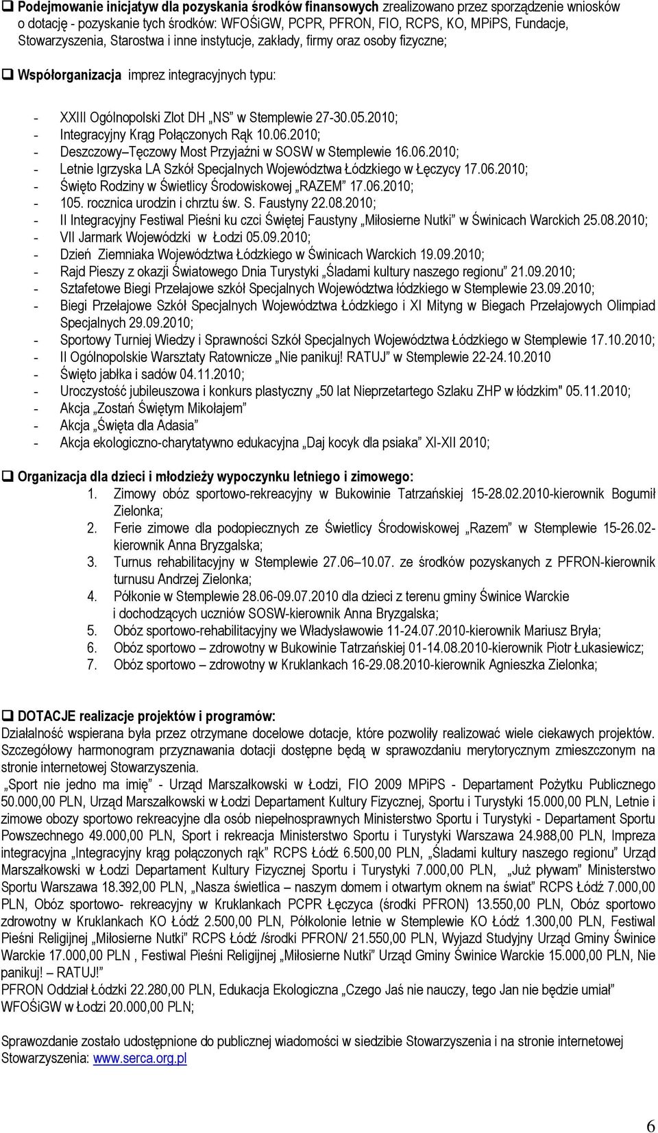 2010; - Integracyjny Krąg Połączonych Rąk 10.06.2010; - Deszczowy Tęczowy Most Przyjaźni w SOSW w Stemplewie 16.06.2010; - Letnie Igrzyska LA Szkół Specjalnych Województwa Łódzkiego w Łęczycy 17.06.2010; - Święto Rodziny w Świetlicy Środowiskowej RAZEM 17.