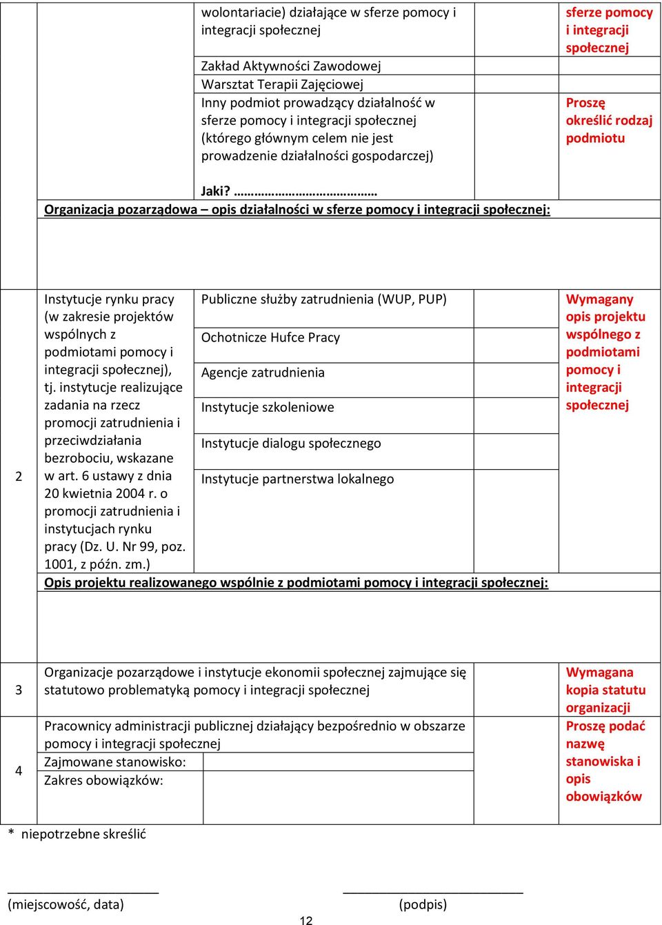 Organizacja pozarządowa opis działalności w sferze pomocy i integracji społecznej: 2 Instytucje rynku pracy Publiczne służby zatrudnienia (WUP, PUP) (w zakresie projektów wspólnych z Ochotnicze Hufce