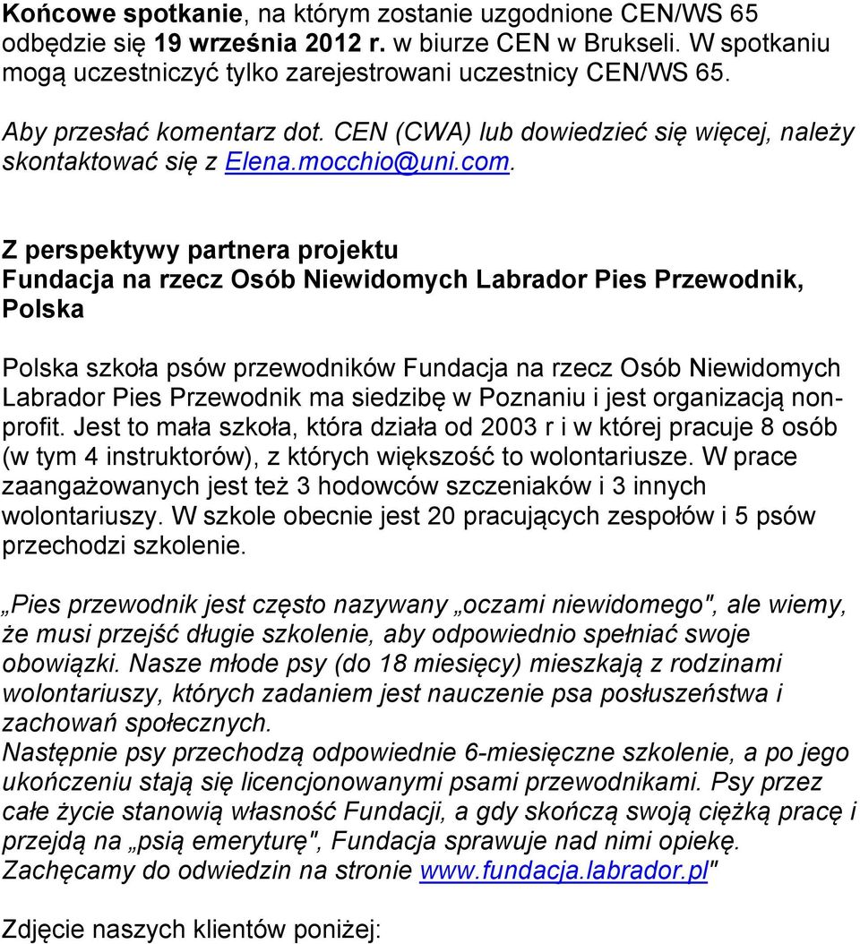 Z perspektywy partnera projektu Fundacja na rzecz Osób Niewidomych Labrador Pies Przewodnik, Polska Polska szkoła psów przewodników Fundacja na rzecz Osób Niewidomych Labrador Pies Przewodnik ma