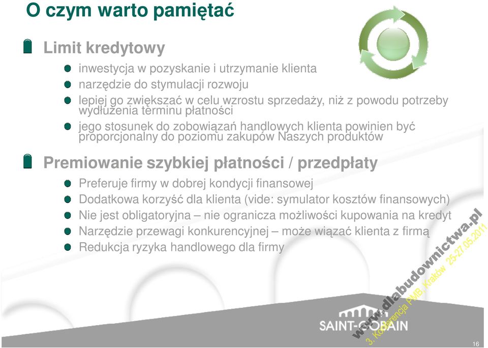 Premiowanie szybkiej płatności / przedpłaty Preferuje firmy w dobrej kondycji finansowej Dodatkowa korzyść dla klienta (vide: symulator kosztów finansowych) Nie