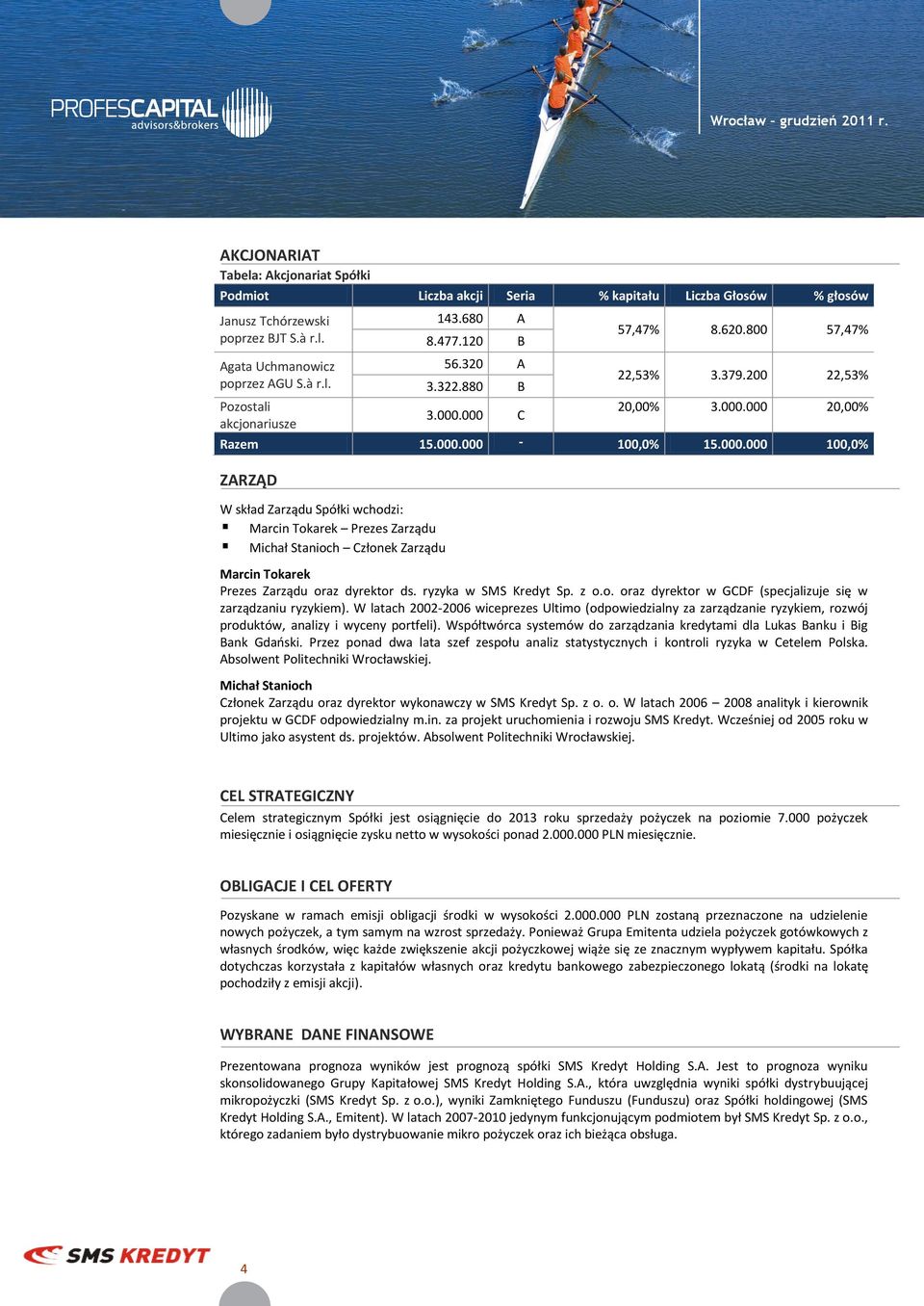 000 20,00% 3.000.000 C akcjonariusze Razem 15.000.000-100,0% 15.000.000 100,0% ZARZĄD W skład Zarządu Spółki wchodzi: Marcin Tokarek Prezes Zarządu Michał Stanioch Członek Zarządu Marcin Tokarek Prezes Zarządu oraz dyrektor ds.